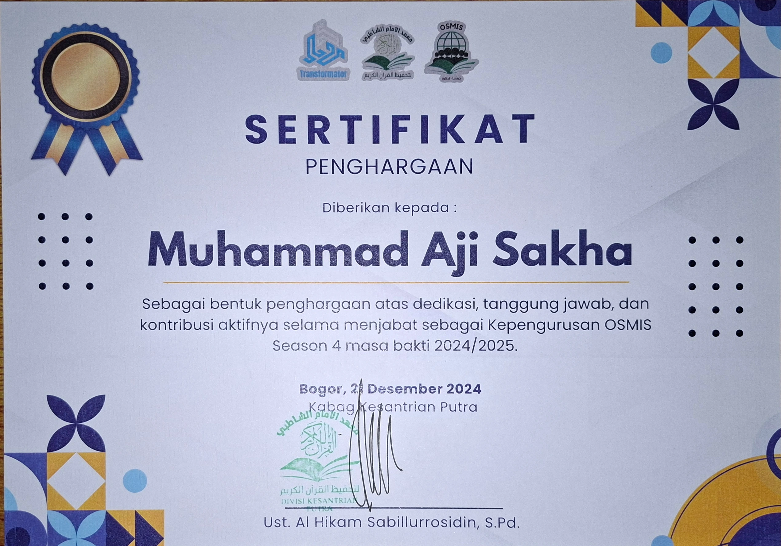 Sertifikat Dedikasi Kepengurusan OSMIS