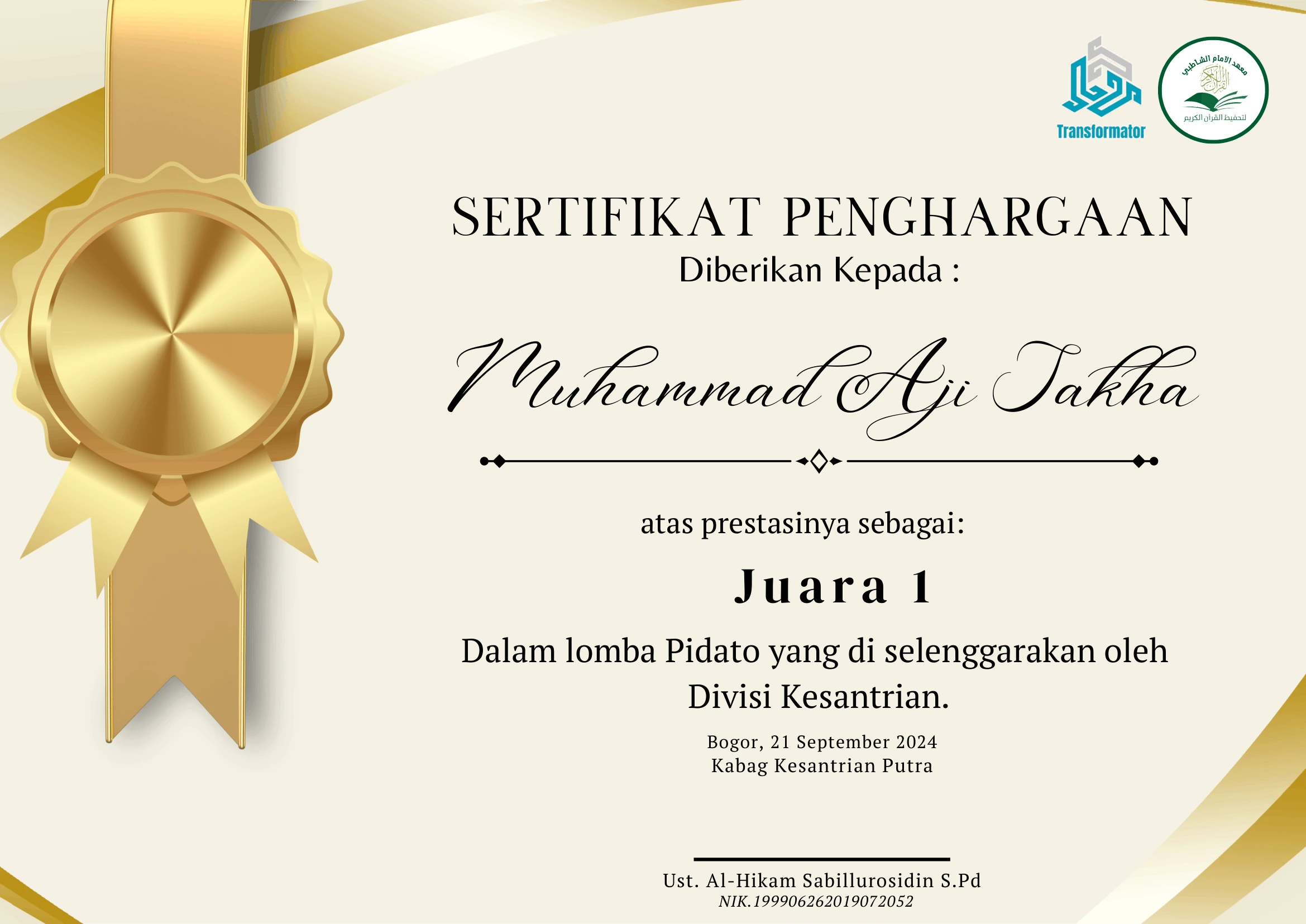 Sertifikat Juara 1 Pidato Bahasa Indonesia